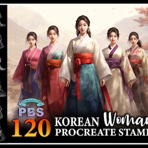 120 Procreate 伝統的な韓国女性スタンプ、Procreate 用韓服スタンプ、伝統的な女性ファッション Procreate スタンプ