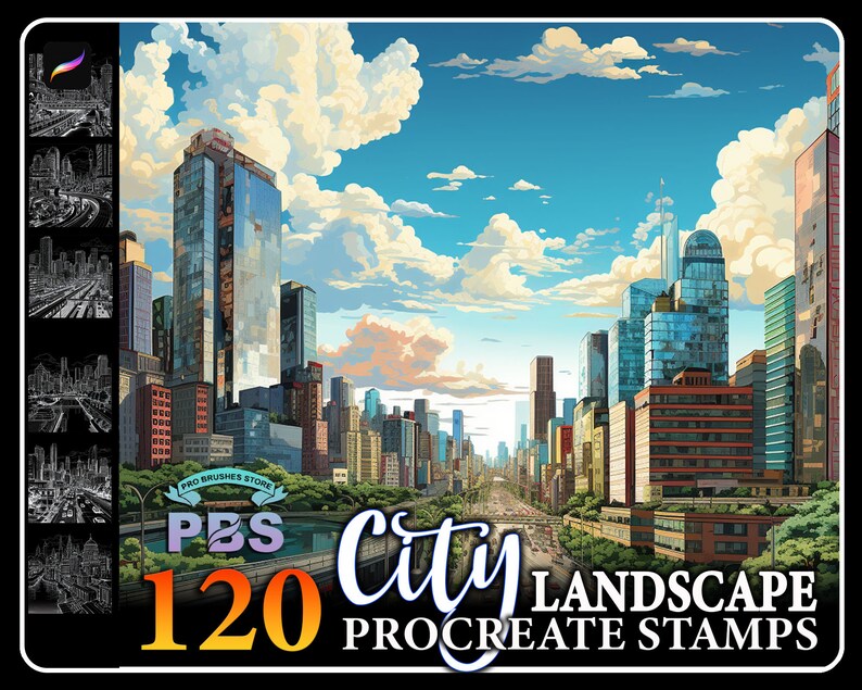 May include: A set of 120 Procreate stamps featuring city landscape illustrations. The stamps are designed to be used in the Procreate app for digital art and design.