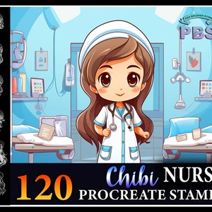 120 Procreate Chibi Nurse Stamps, Chibi Nurse stamps for procreate, Chibi Character Stamp for procreate