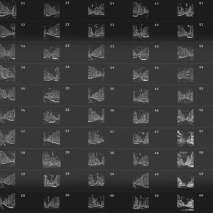 Puede incluir: Una imagen en blanco y negro de una escena de calle de la ciudad. La imagen est&aacute; dividida en 60 cuadrados, cada uno mostrando una perspectiva diferente de la calle. La imagen es una ilustraci&oacute;n digital.