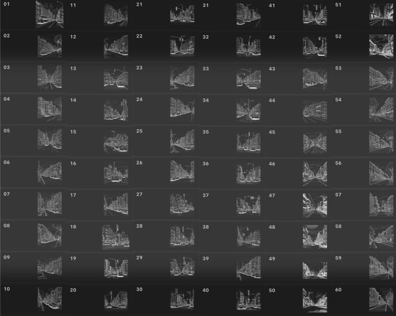 Puede incluir: Una imagen en blanco y negro de una escena de calle de la ciudad. La imagen est&aacute; dividida en 60 cuadrados, cada uno mostrando una perspectiva diferente de la calle. La imagen es una ilustraci&oacute;n digital.