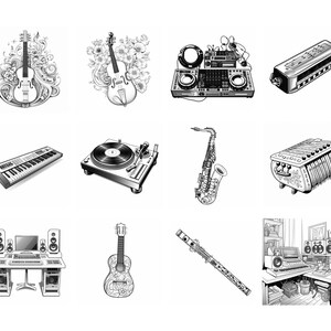May include: A black and white illustration of various musical instruments, including a violin, guitar, saxophone, keyboard, harmonica, and a DJ mixer.