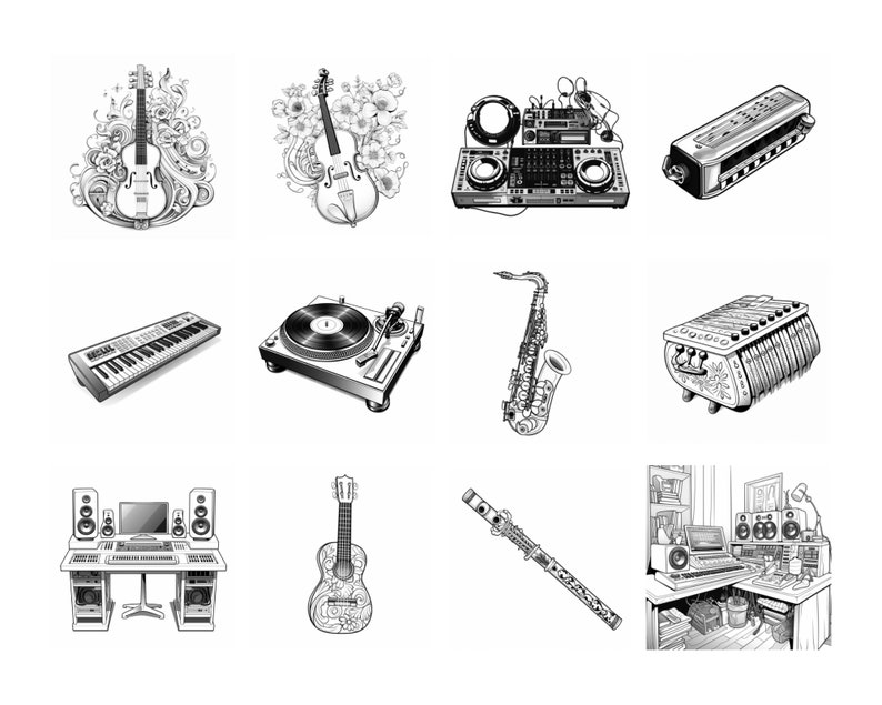 May include: A black and white illustration of various musical instruments, including a violin, guitar, saxophone, keyboard, harmonica, and a DJ mixer.