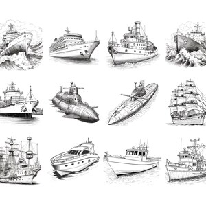 May include: A collection of black and white line drawings of various ships and boats, including a cruise ship, a sailboat, a submarine, a fishing boat, and a yacht.