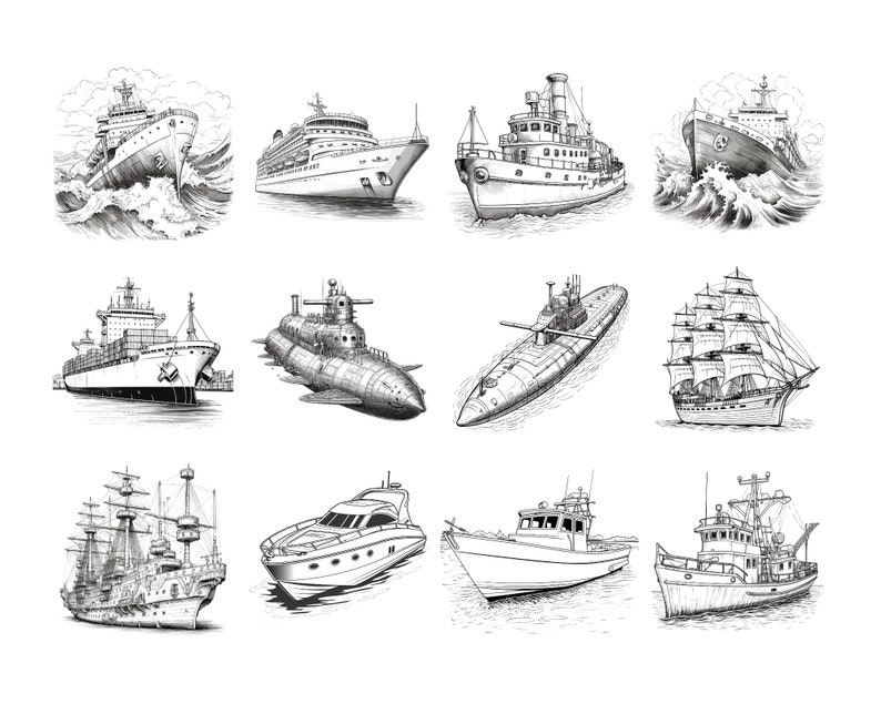 May include: A collection of black and white line drawings of various ships and boats, including a cruise ship, a sailboat, a submarine, a fishing boat, and a yacht.