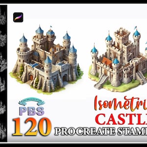 120 Procreate Isometric Castle Stamps, Isometric Castle stamps for procreate, Game Assets procreate Stamps.
