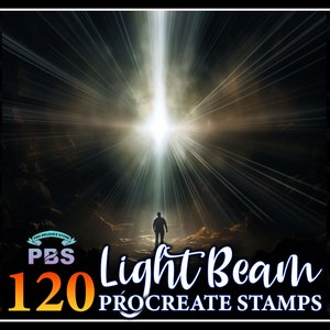 May include: A digital illustration of a person walking towards a bright light beam. The image is surrounded by a border of 120 light beam Procreate stamps. The text "120 Light Beam Procreate Stamps" is in the lower right corner of the image.