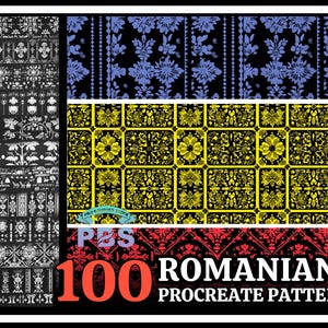 Puede incluir: Una descarga digital de 100 patrones rumanos de Procreate. Los patrones son de varios colores y diseños, incluyendo blanco y negro, amarillo y negro, y rojo y negro.