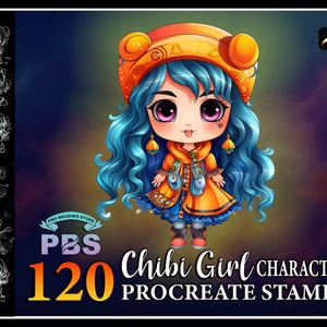 120 sellos de personajes de Chibi Girl para Procreate, sellos de Chibi Girl para Procreate, sello de personaje Chibi para Procreate