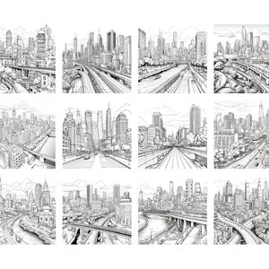 May include: A black and white illustration of a city skyline with multiple buildings, roads, and bridges. The illustration is divided into nine squares, each showing a different perspective of the city.