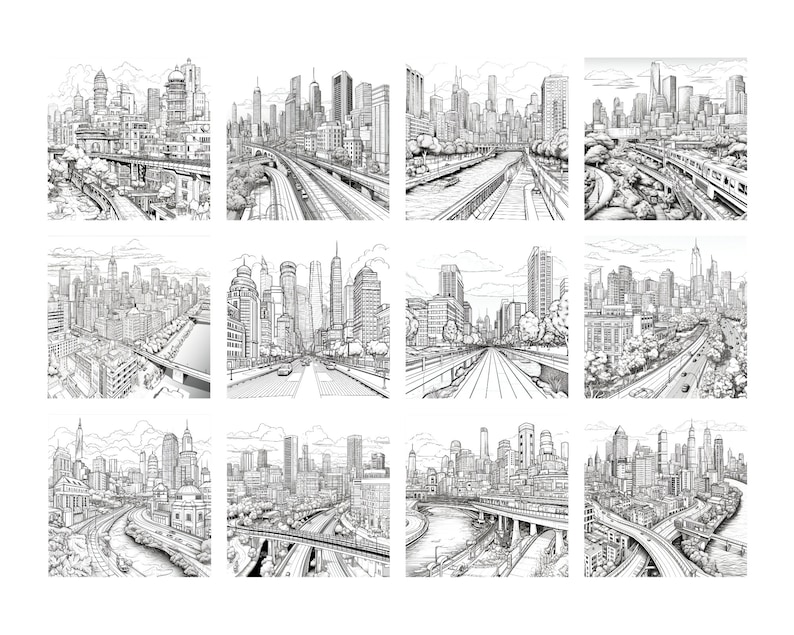 May include: A black and white illustration of a city skyline with multiple buildings, roads, and bridges. The illustration is divided into nine squares, each showing a different perspective of the city.