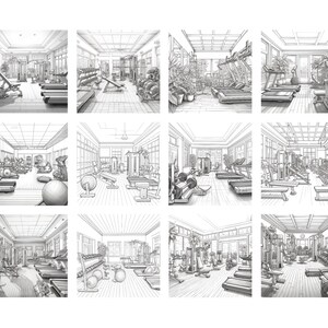 May include: A black and white line drawing of a gym interior with various exercise equipment, including treadmills, weight machines, and free weights.