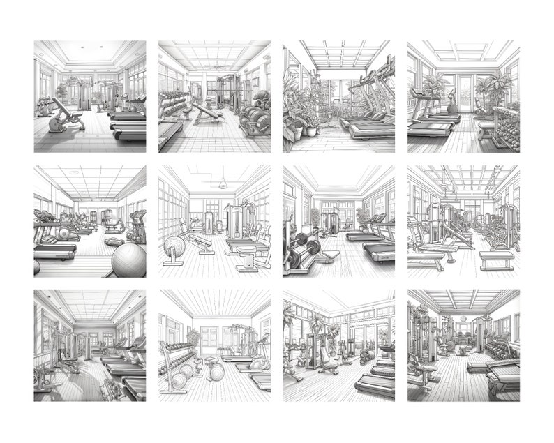 May include: A black and white line drawing of a gym interior with various exercise equipment, including treadmills, weight machines, and free weights.