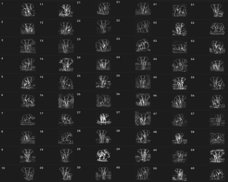 May include: A grid of 60 black and white line drawings of elephants. Each drawing depicts a different pose or perspective of an elephant, with some drawings showing a mother elephant and a baby elephant.