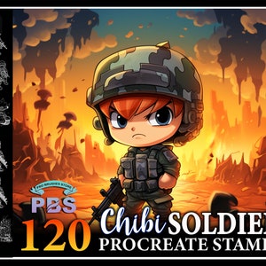 120 Procreate Chibi Soldier Stamps, Chibi Soldier stamps for procreate, Chibi Character Stamp for procreate