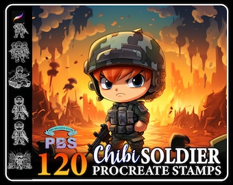120 sellos de soldados chibi para Procreate: Arte de personajes (descarga digital)