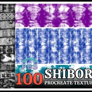 Peut inclure: Un téléchargement numérique de 100 textures Shibori Procreate. Les textures sont dans une variété de motifs tie-dye bleus, violets et blancs.