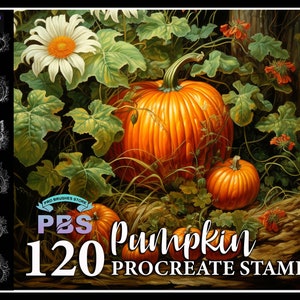 May include: A set of 120 Procreate stamps featuring pumpkins in various sizes and styles. The stamps are ideal for adding a touch of autumn to your digital art.