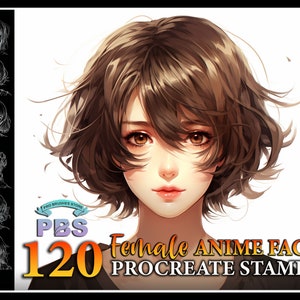 120 Procreate Anime vrouwelijk gezicht stempels, Anime Girl Face borstel voor voortplanting, Anime vrouw gezicht stempel voor voortplanting
