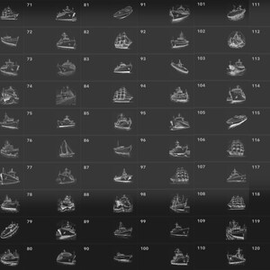 May include: A black and white image of 120 different ship drawings. The drawings are arranged in a grid of 10 rows and 12 columns. Each drawing is labeled with a number from 61 to 120.