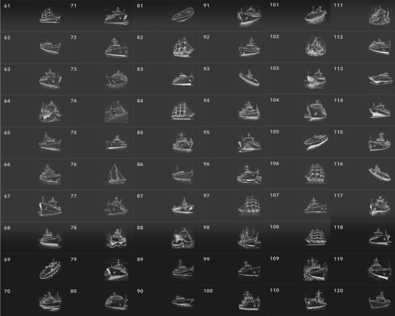 May include: A black and white image of 120 different ship drawings. The drawings are arranged in a grid of 10 rows and 12 columns. Each drawing is labeled with a number from 61 to 120.
