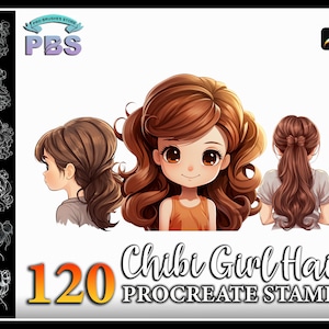 120 Procreate Chibi Girl Hair Stamps, Chibi Hair brush for procreate, Chibi Character Stamp for procreate