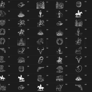 May include: A set of 60 black and white western-themed illustrations. The illustrations include cowboys, horses, boots, hats, cacti, and other western imagery.