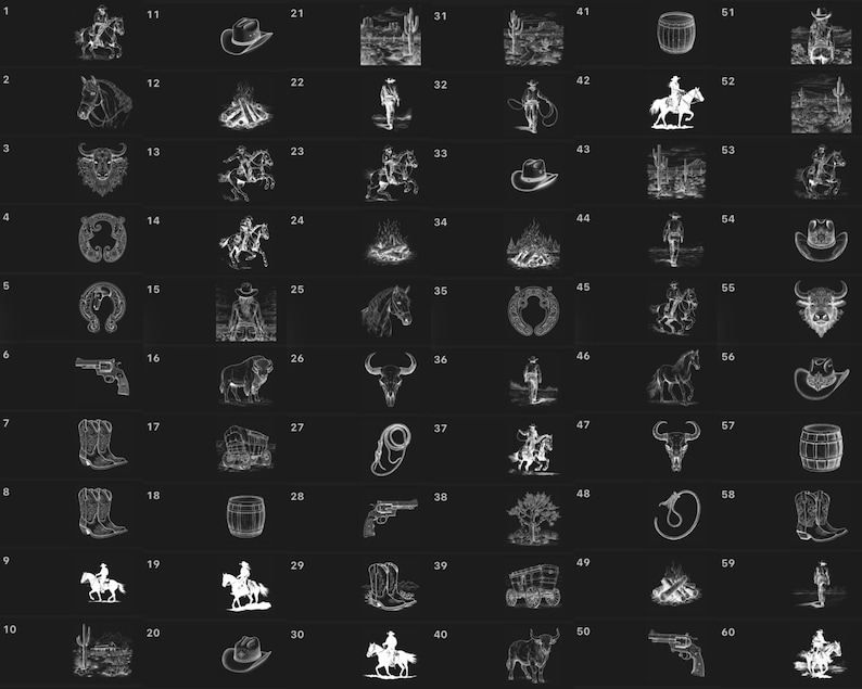 May include: A set of 60 black and white western-themed illustrations. The illustrations include cowboys, horses, boots, hats, cacti, and other western imagery.