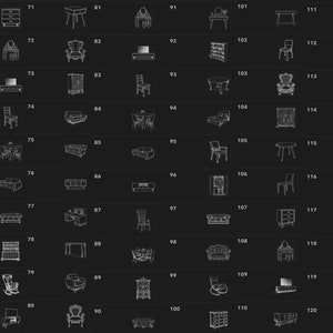 Peut inclure: Une grille de 120 dessins au trait noir et blanc de diff&eacute;rents meubles, y compris des chaises, des tables, des canap&eacute;s, des lits et des commodes. Les dessins sont num&eacute;rot&eacute;s de 61 &agrave; 120.