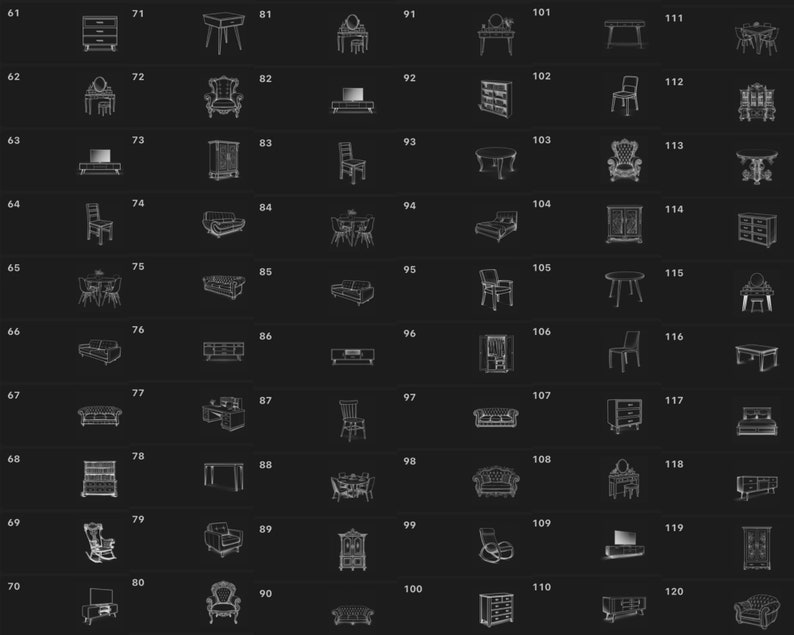 Peut inclure: Une grille de 120 dessins au trait noir et blanc de diff&eacute;rents meubles, y compris des chaises, des tables, des canap&eacute;s, des lits et des commodes. Les dessins sont num&eacute;rot&eacute;s de 61 &agrave; 120.