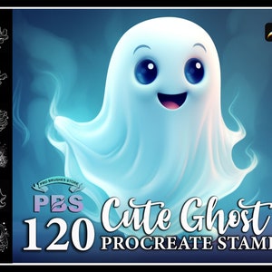 May include: A set of 120 cute ghost Procreate stamps. The image shows a cartoon ghost with a friendly face and a blue glow. The text "Cute Ghost 120 Procreate Stamps" is visible in the image.