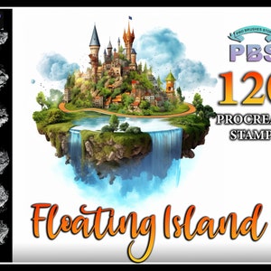 Può includere: Un'illustrazione digitale di un'isola galleggiante con un castello, alberi e una cascata. L'isola è circondata da nuvole e un cielo blu. Il testo "Floating Island" è scritto in un font stilizzato sotto l'isola. Il testo "PBS 120 PROCREATE STAMPS" è scritto in un riquadro bianco con un bordo blu nell'angolo in alto a destra dell'immagine.