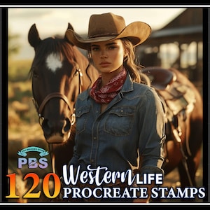 May include: A woman wearing a cowboy hat and a blue denim shirt stands next to a brown horse. The woman is holding the reins of the horse. The image is surrounded by a border of small images of western-themed items, such as guns, boots, and hats. The text "120 Western Life Procreate Stamps" is at the bottom of the image.