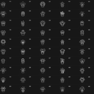 May include: A grid of 60 black and white illustrations of potted plants. Each plant is in a different style, with various types of leaves and flowers. The illustrations are numbered from 1 to 60.