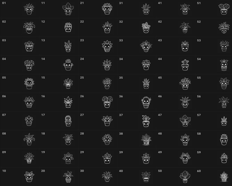 May include: A grid of 60 black and white illustrations of potted plants. Each plant is in a different style, with various types of leaves and flowers. The illustrations are numbered from 1 to 60.