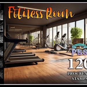 May include: A set of 120 Procreate stamps featuring a modern fitness room with treadmills, stationary bikes, and a view of a city skyline. The stamps are designed for use in digital art and illustration.