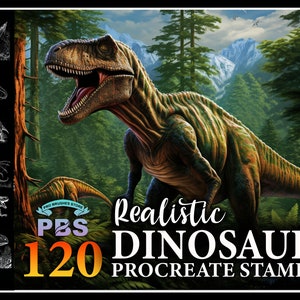 Könnte beinhalten: Eine digitale Illustration eines grünen und braunen Dinosauriers in einer üppigen Waldlandschaft. Das Bild enthält den Text "Realistic Dinosaur 120 Procreate Stamps" und ein Logo für "PBS Pro Brushes Store".
