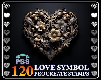 120 Floral Heart Procreate-stempels: liefdessymboolborstelset (digitale download)