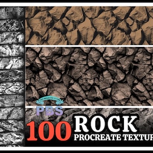 May include: A digital download of 100 rock textures for Procreate. The textures are in various shades of brown, gray, and black. The image shows a sample of the textures.