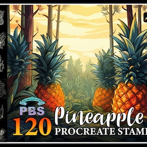 Könnte beinhalten: Ein Set mit 120 Procreate-Stempeln mit Ananas-Illustrationen in verschiedenen Stilen. Die Stempel eignen sich perfekt, um Ihren digitalen Kunstwerken einen tropischen Touch zu verleihen.