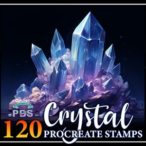 May include: A digital illustration of a large blue crystal cluster with a dark blue background. The image is labeled "Crystal 120 Procreate Stamps".
