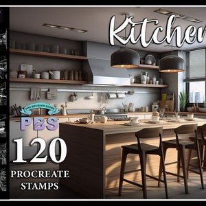 Puede incluir: Un interior de cocina moderno con una isla grande, taburetes de bar de madera y dos lámparas colgantes negras sobre la isla. La cocina cuenta con gabinetes blancos, una campana extractora de acero inoxidable y una ventana con vista a un horizonte urbano. El texto "Kitchen" está escrito en una fuente grande y estilizada en la parte superior de la imagen. El texto "PBS 120 Procreate Stamps" está escrito en una fuente más pequeña en la parte inferior de la imagen.
