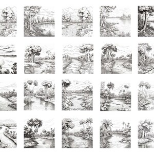 May include: A collection of 20 black and white pencil drawings of rivers and trees. The drawings are arranged in a grid of four rows and five columns. Each drawing depicts a different scene of a river flowing through a forest.