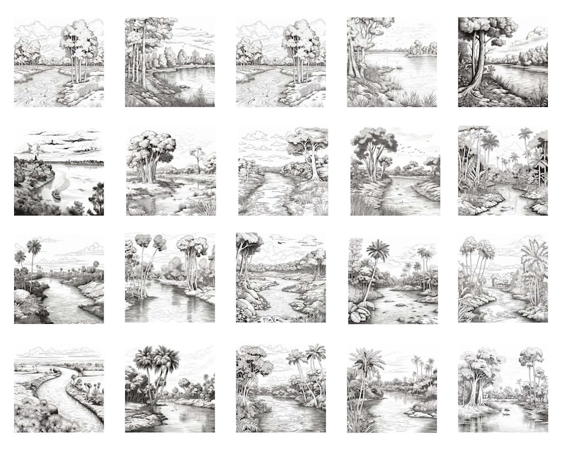 May include: A collection of 20 black and white pencil drawings of rivers and trees. The drawings are arranged in a grid of four rows and five columns. Each drawing depicts a different scene of a river flowing through a forest.