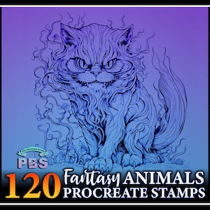 May include: A digital illustration of a fantasy cat with a fierce expression, surrounded by swirling vines. The image is part of a set of 120 fantasy animal Procreate stamps.