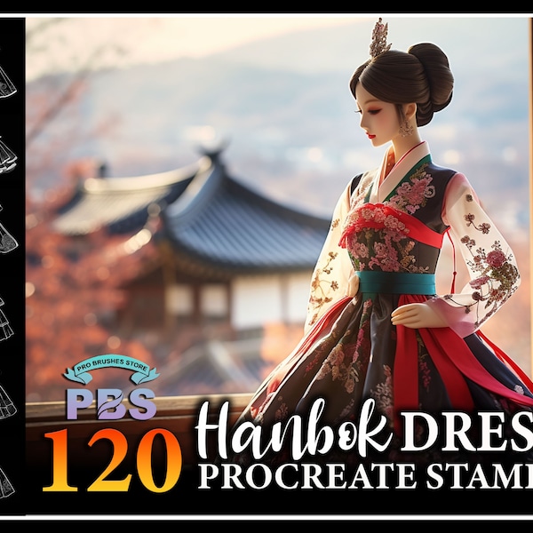 120 Procreate Hanbok Dress Stamps, Hanbok brush for procreate, Korean Fashion procreate stamp