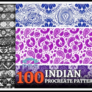 May include: A set of 100 digital Procreate patterns featuring Indian-inspired designs. The patterns include paisley, floral, and geometric motifs in various colours, including blue, purple, and white.