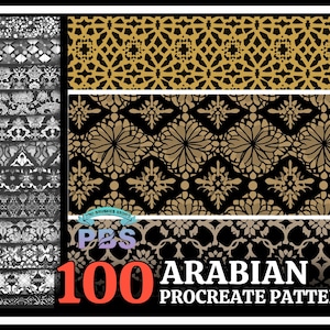 May include: A set of 100 digital Procreate patterns featuring intricate Arabian designs in black, white, and gold. The patterns are perfect for creating unique backgrounds, textures, and illustrations.
