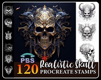 120 Procreate Realistic and Intricate Skull Stamps, Realistic Skulls brush for procreate, Military Skull procreate stamp, King Skull stamps