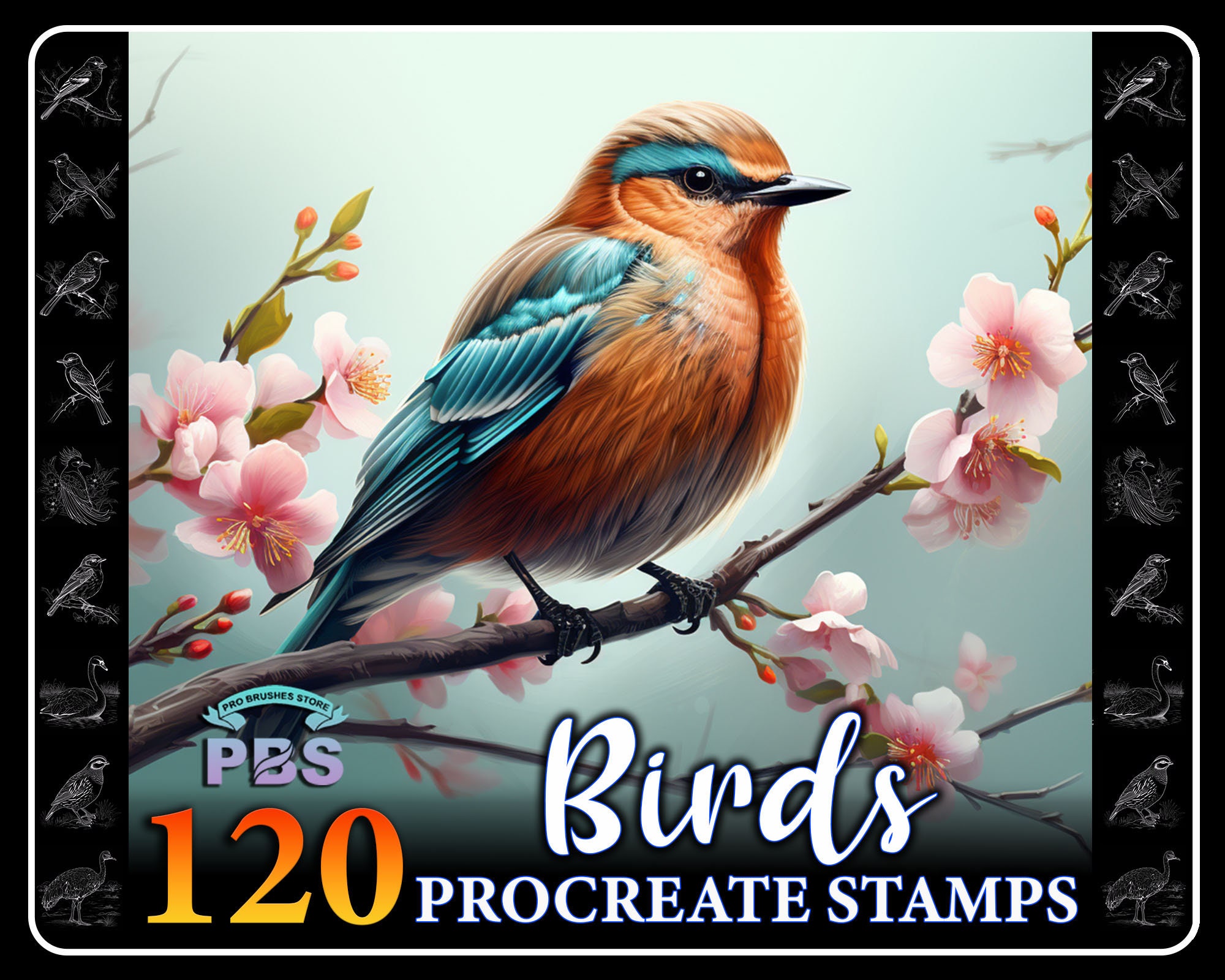 Set de 120 sellos de aves para Procreate – Brush stamps de pájaros para iPad